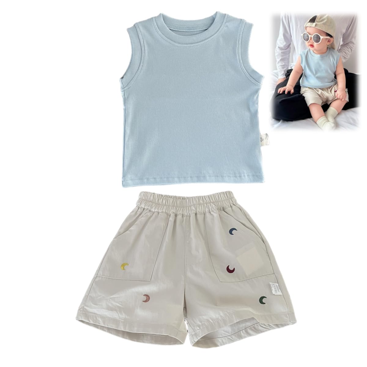 

VNGOLERRY Baby Short Sleeve Summer Top and Bottom Shirt and Sizes Day Set Blue Shirt Ivory Size Boys Set, Shorts, Casual, 80, 90, 100, Children s