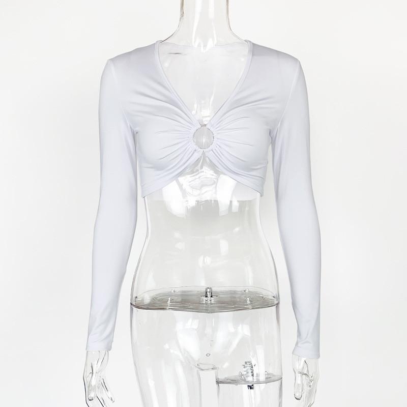 Bawełniany jedwabny długi rękaw crop top ze wstawkami i metalowymi ozdobami do noszenia na imprezę