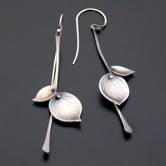 1 Pair Women Earrings Ethnic Style Plant Leaf Design Faux Obsidian Inlaid Hook Earrings Jewelry Gift Accessories