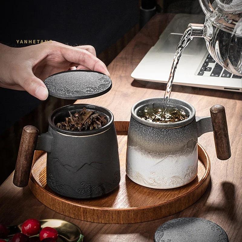 Luxury Mug Ceramic Tea Cup Handmade Aesthetic Chinese Retro Mugs Coffee Cups Elegant Teacup Teaware Water Cup Wooden Handle Business Gift Set