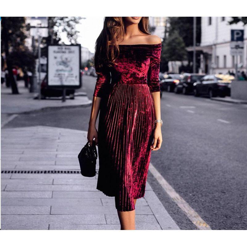 

Осень Зима Мода Горячая Распродажа Элегантный Новый Поступление Женская Одежда Мода с Открытыми Плечами Плиссированный Рукав Три Четверти Длинное Платье Burgundy L