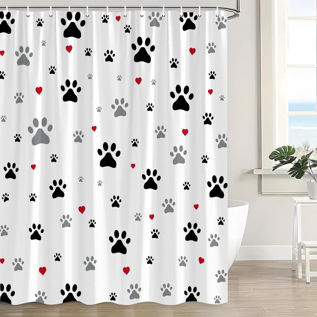 Funny Dog Paw Print Shower Curtain for Bathroom Black Grey Pet Footprints Red Hearts Creative Cute Animal Drawing Modern