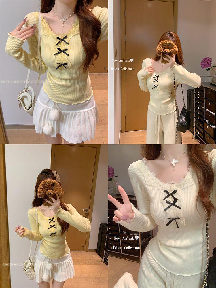 Korean Lace Patchwork Knitted Slim-fit Sweater for Women - 2025 Autumn/Winter Trendy Top