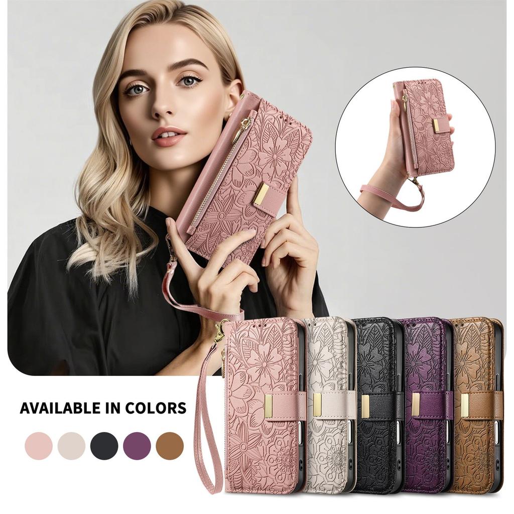 Floral Embossed Leather Wallet Flip Case for OPPO A6 A6X A6T A6S A6C A5 A5X A3 A3X A1 Pro 4G 5G Card Slots and Wrist Strap Cover