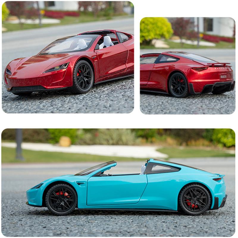 1/24 Tesla Roadster Convertible Alloy Sports Car Model Diecast Metal Toy Concept Car Model Simulation Sound and Light Kids Gift