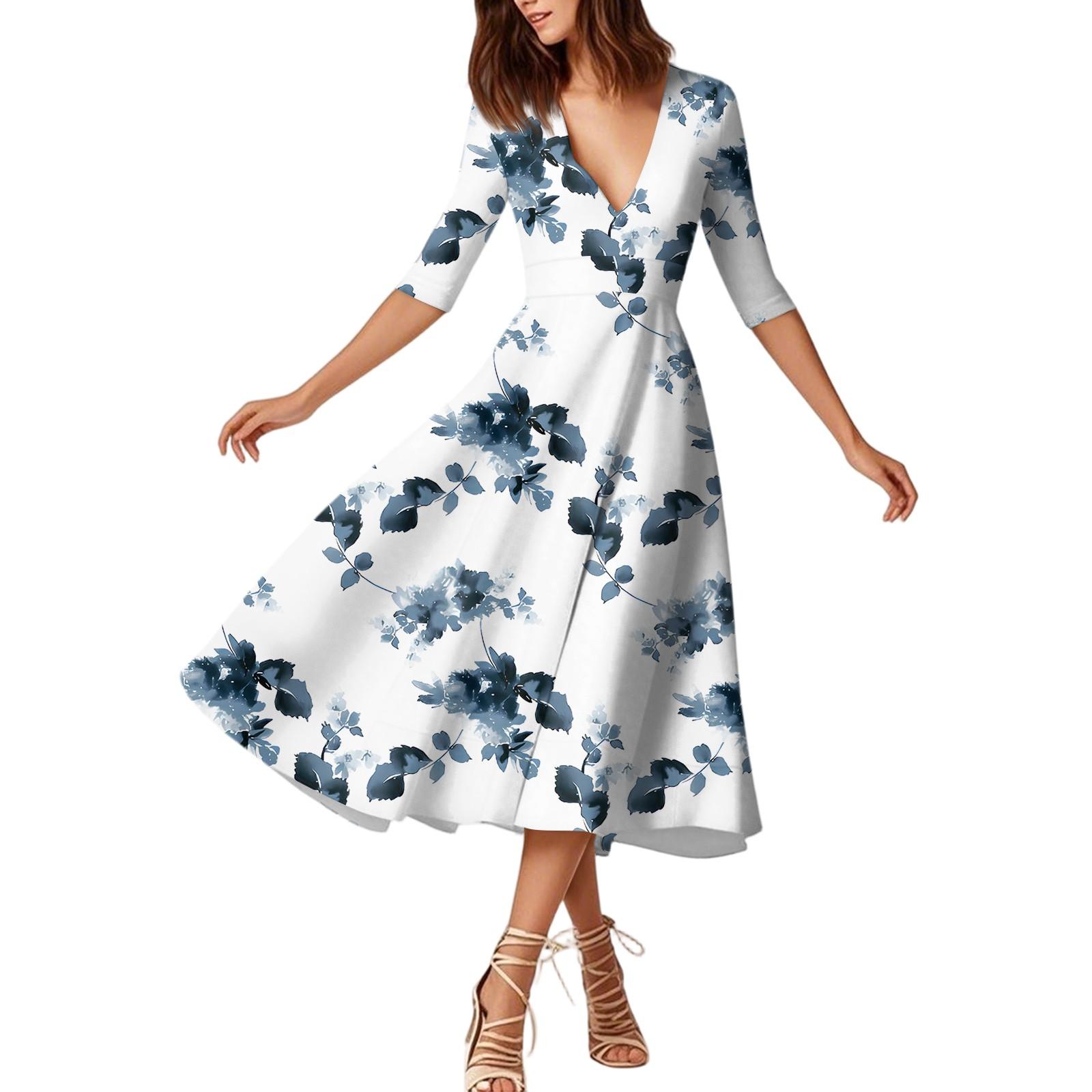 A Fashionable Mid-Sleeved Mid-Length Dress With Floral Prints And A Sexy V-Neck L тёмно-синий