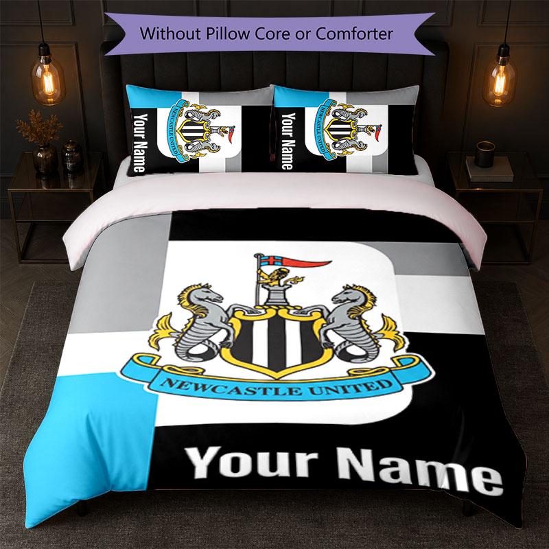 Newcastle United FC Custom Name Text Bedding Set 1 Duvet Cover+2 Pillowcases Soccer Logo Personalized Gift For Special Occasion Bedroom Decor