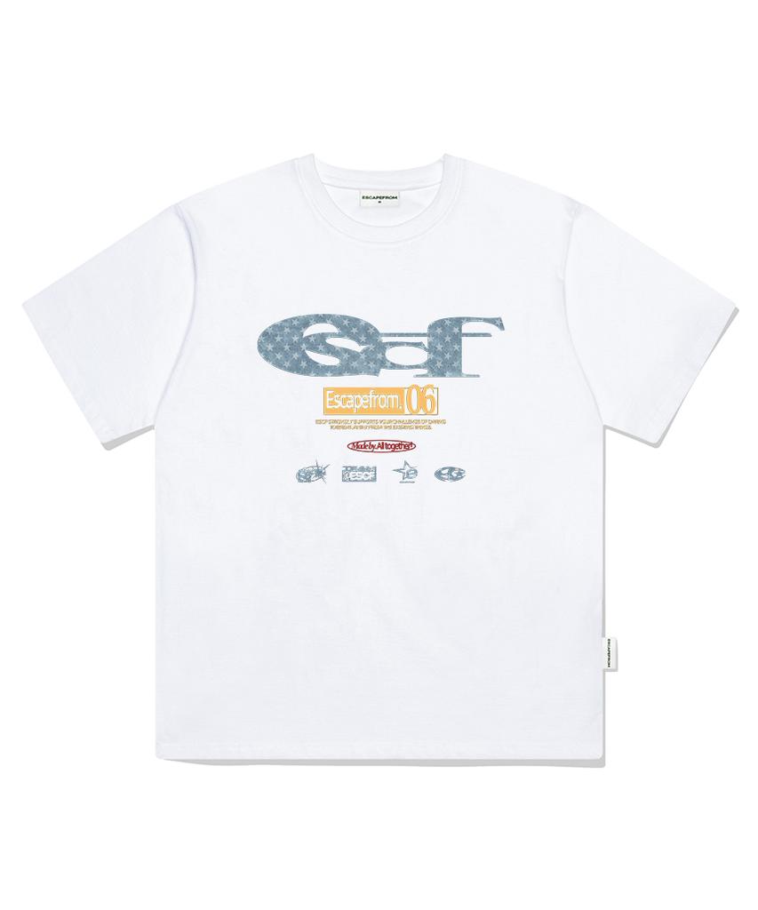 ESCAPEFROM Blue Star Denim Escf Logo Collage Print Oversized Short Sleeve T-Shirt White
