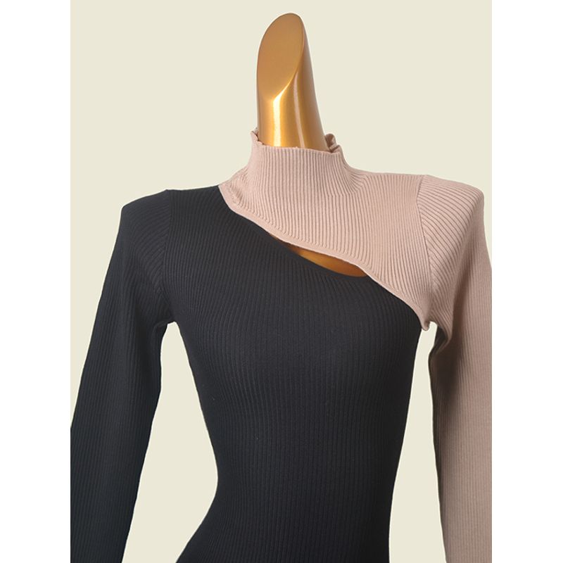 Temperamental Minority Export Dress American Stand Collar Color Matching Knitting Silm Bodycon Dress Spring New Arrival Oblique Cut Opening