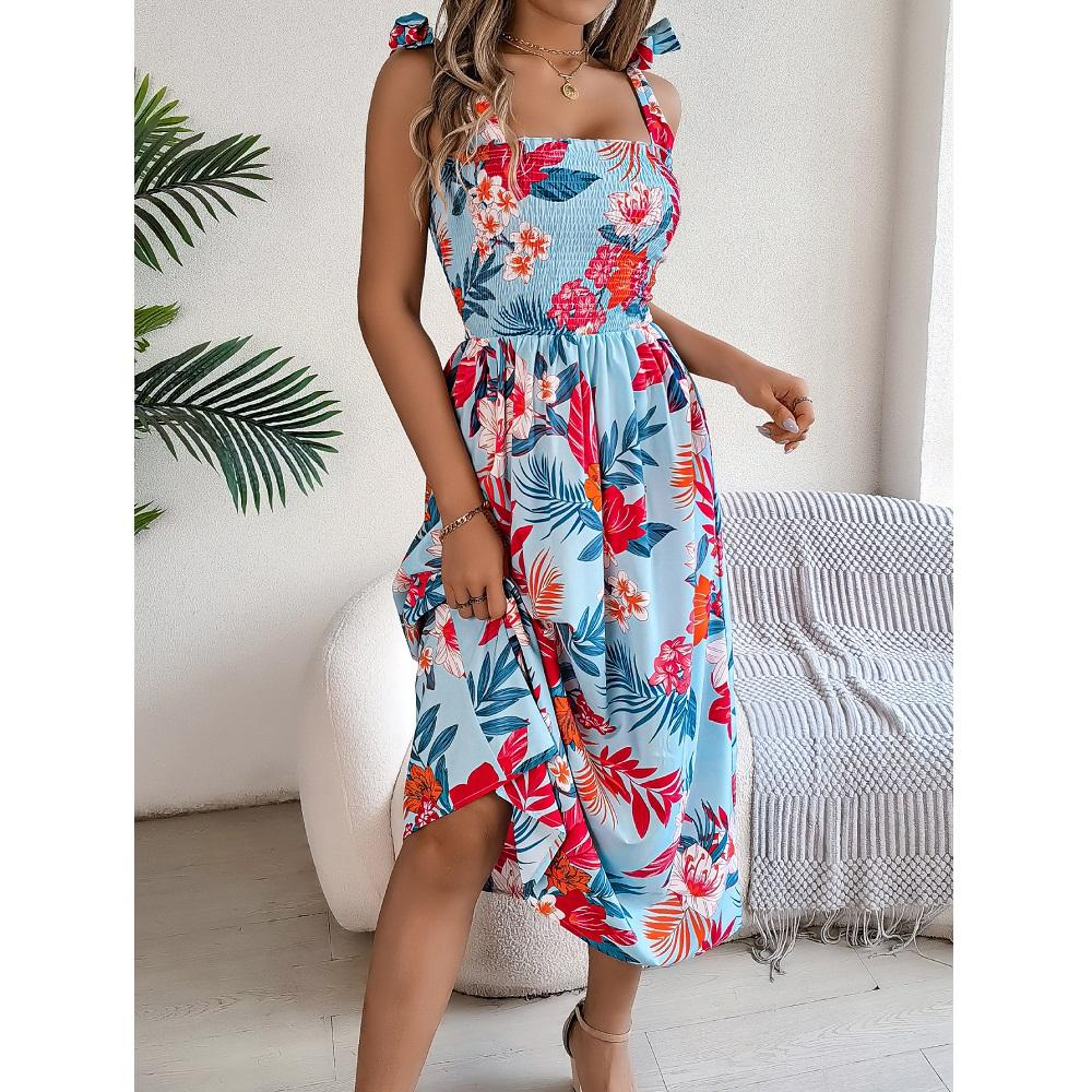 

Женские летние платья на тонких бретельках с цветочным принтом, длинное пляжное платье, женские повседневные платья макси с эластичной талией S синий