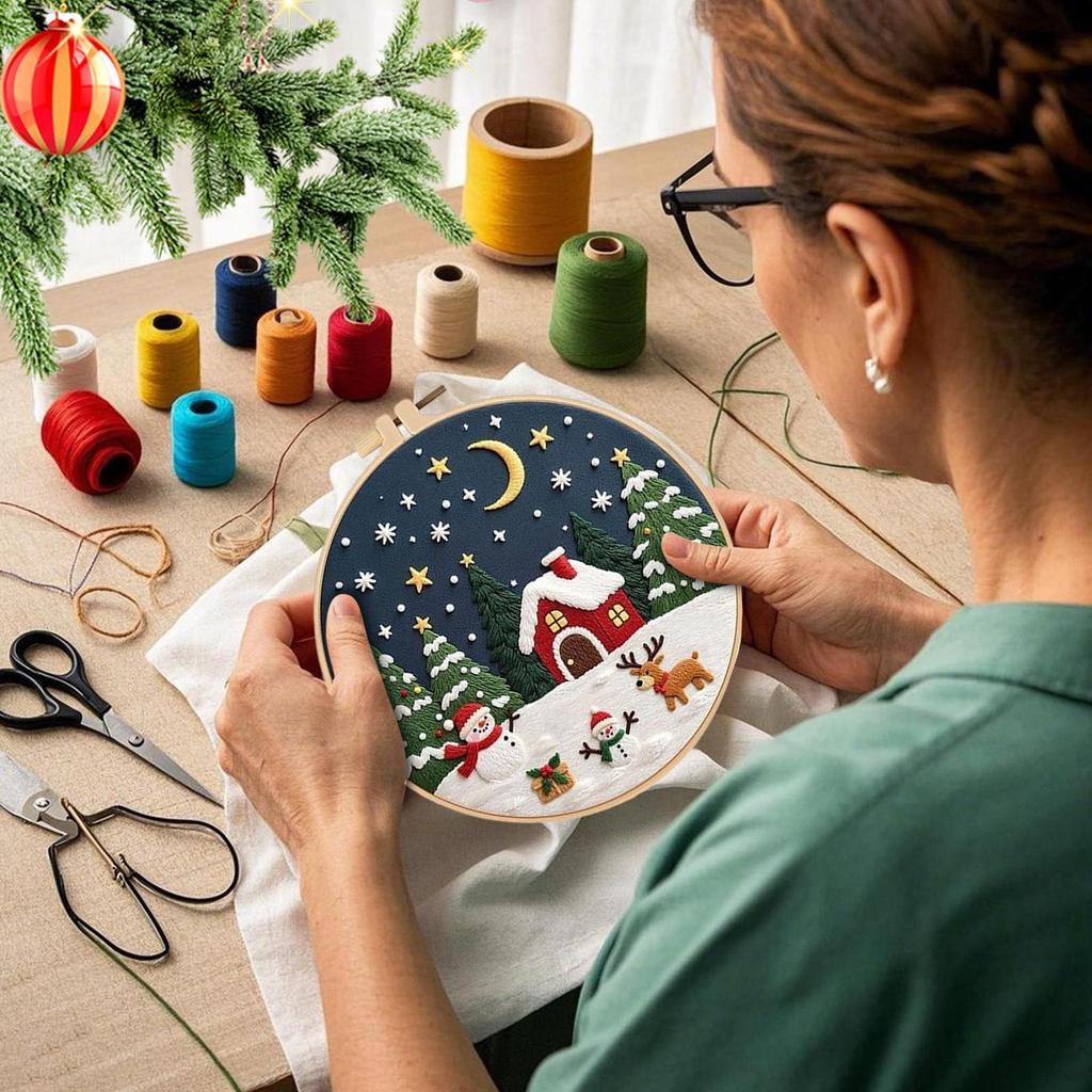 Embroidery Christmas Ornament Kits Stamped Festive Craft Supplies Christmas Needlework Craft Ornament Set For Women Girls Mom