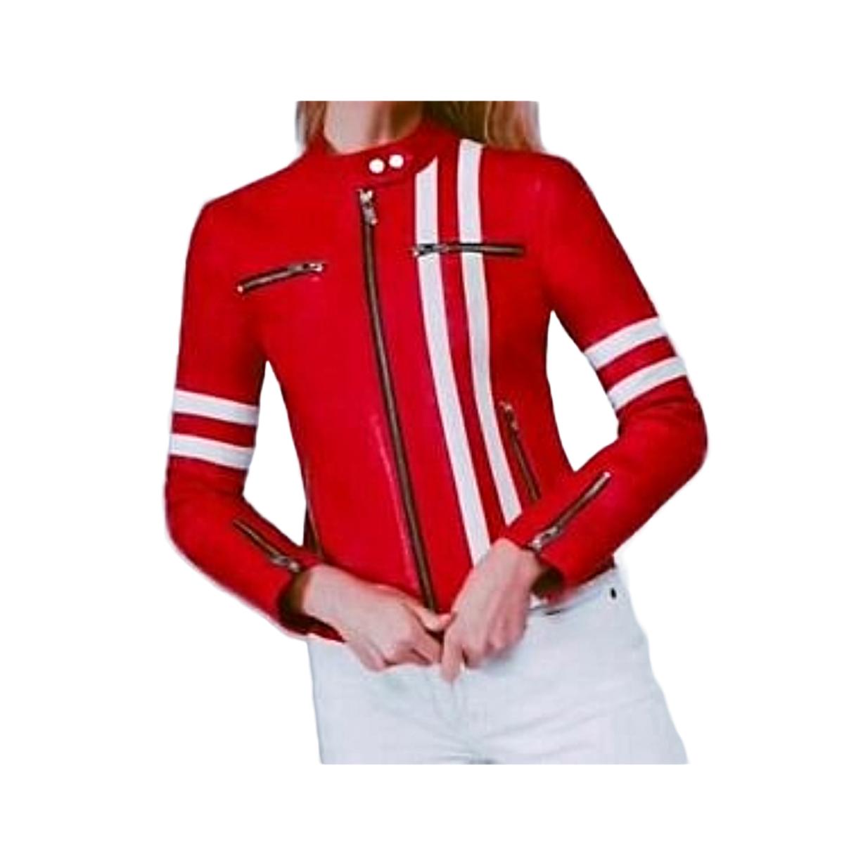 

Noora Женская красно-белая косуха из мягкой кожи ягненка | Женская мотоциклетная куртка приталенного кроя | Зимняя кожаная куртка ручной работы