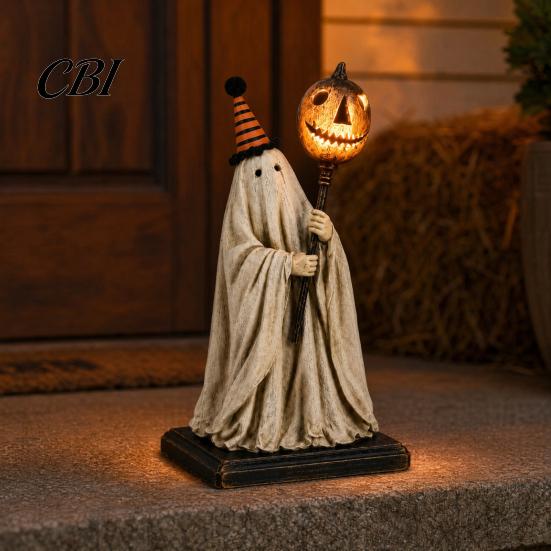 Decorazione Fantasma in Tessuto Shabby Statuetta Vintage con Scettro Zucca Luminoso, Ornamento di Halloween Luce LED Ambra Calda Luce, Resina Illuminata per Interni