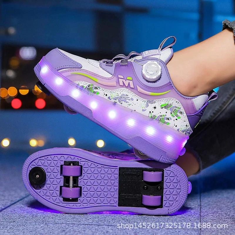 Children's LED Light Walking Shoes Double Row Four-Wheel Roller Skates Ice Skate Shoes Unisex Kids' Wheeling Footwear