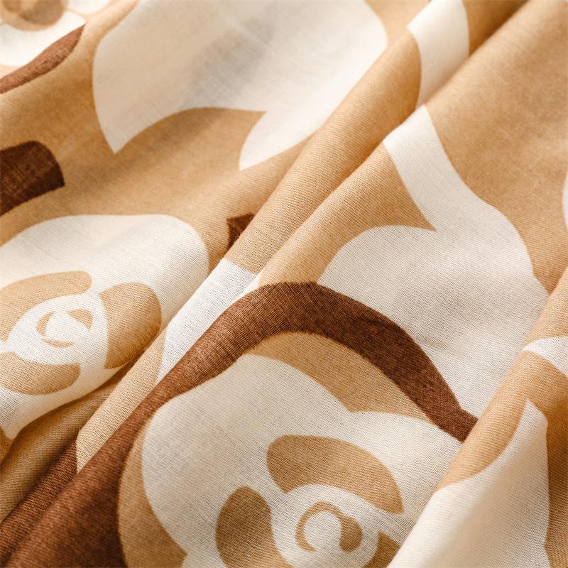 Khaki Camellia Silk and Cotton Scarf: Warm Autumn/Winter Shawl for Women