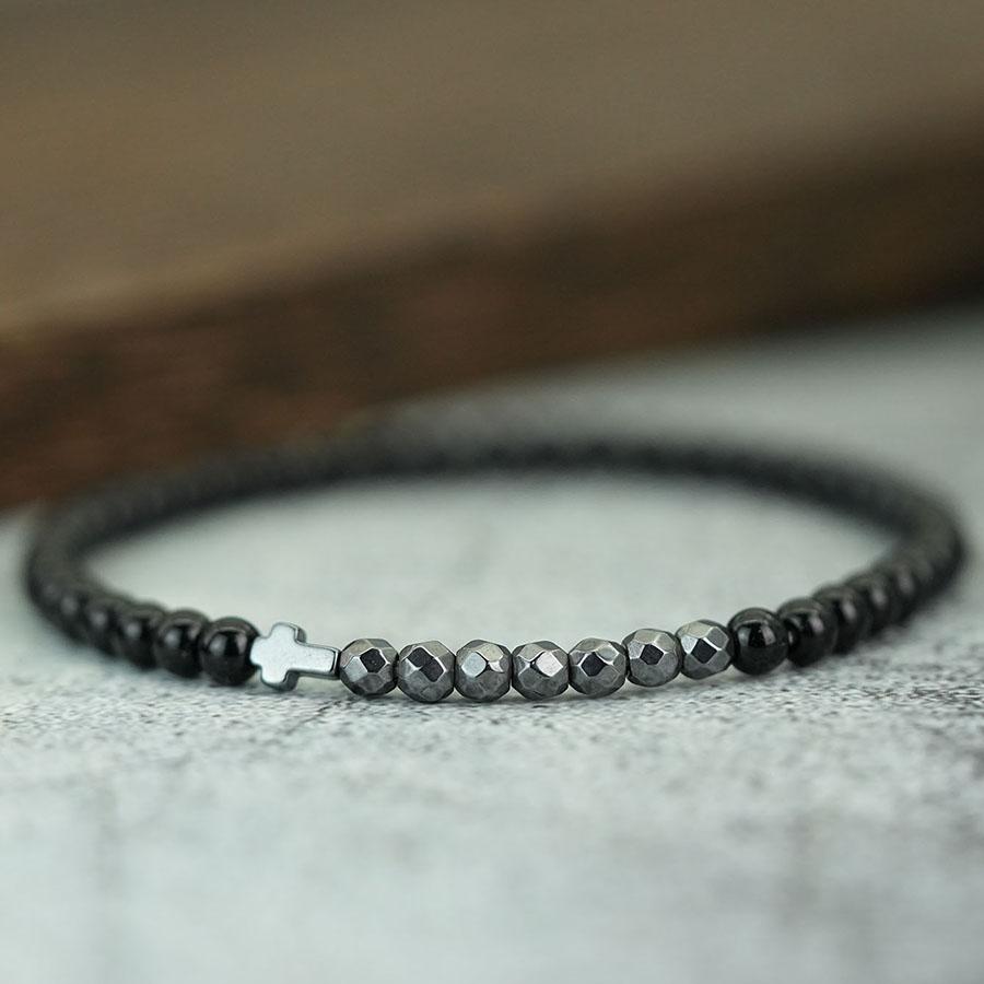 Fashion 4mm Beads Men Cross Bracelet Multi Sided Black Gallstones Healing Braclet Rosary Lava Howlite Hematite Braslet Hombre