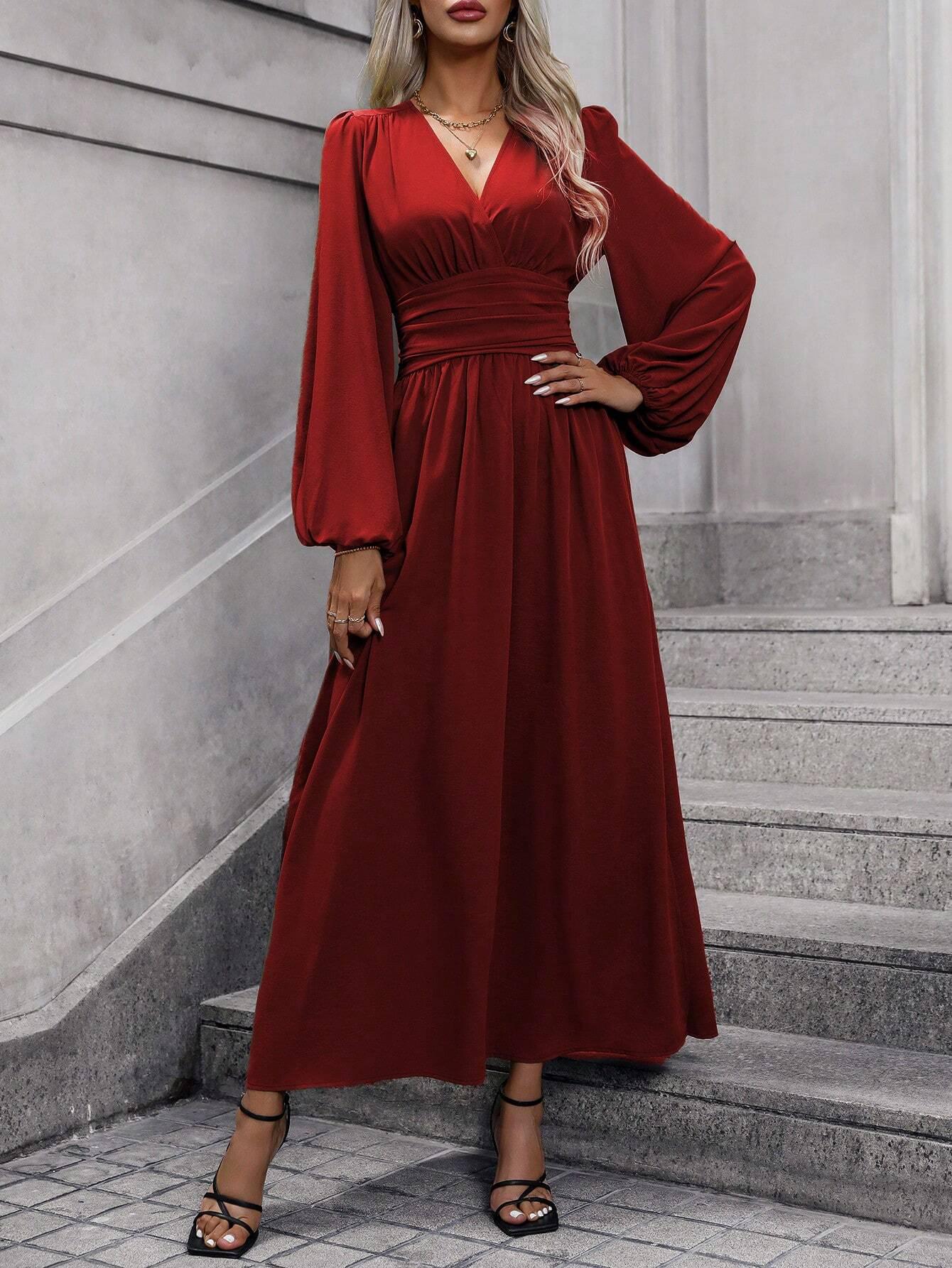 Damenkleid mit hohem Schlitz und Laternenärmeln - Herbst/Winter Kollektion Large wein rot