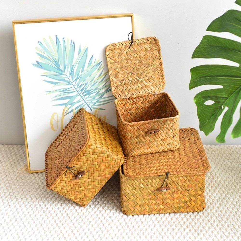 Eco-Friendly Sea Grass Wicker Shelf Baskets Weaving with Lid Storage Bins Handwoven Rectangular Storage Box Home Organizer