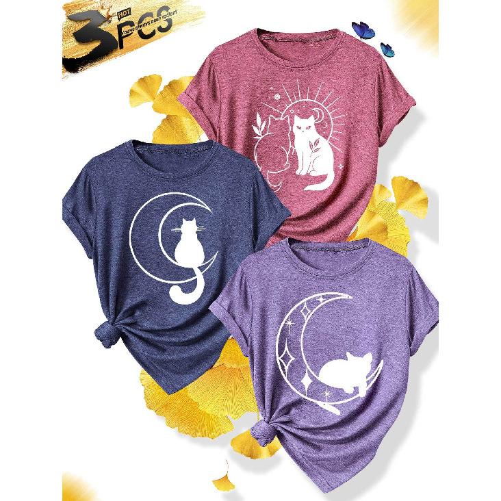 3 Simple and elegant women s party attire Star and Moon Cat Pattern Round Neck Casual Sporty Fresh Elegant Plus Size Women s Short Sleeve T 1XL