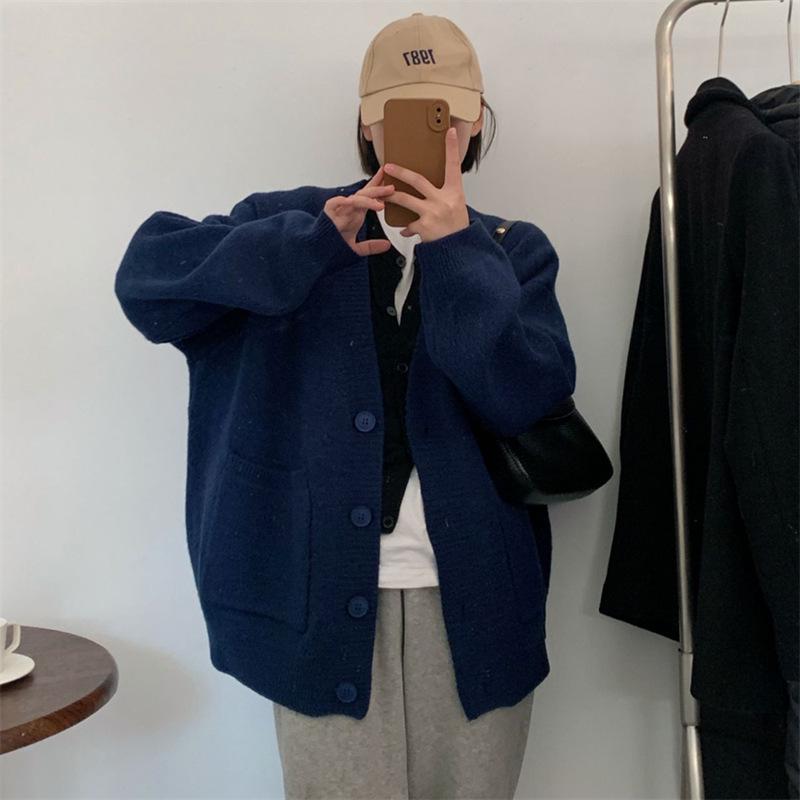 Damen 2024 Herbst/Winter V-Ausschnitt Strickjacke im koreanischen Stil mit großen Taschen - Locker & Figurbetonter Pullover.