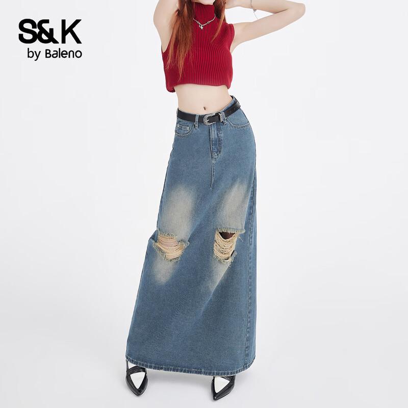 Baleno S&K Vintage Faded Ripped Denim Midi Skirt