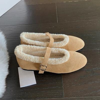 Wool Grape Ma Warm Round Head One-word Buckle with Flat Bottom Versatile Mary Jane Shoes Women's Plush Plush Single Shoes