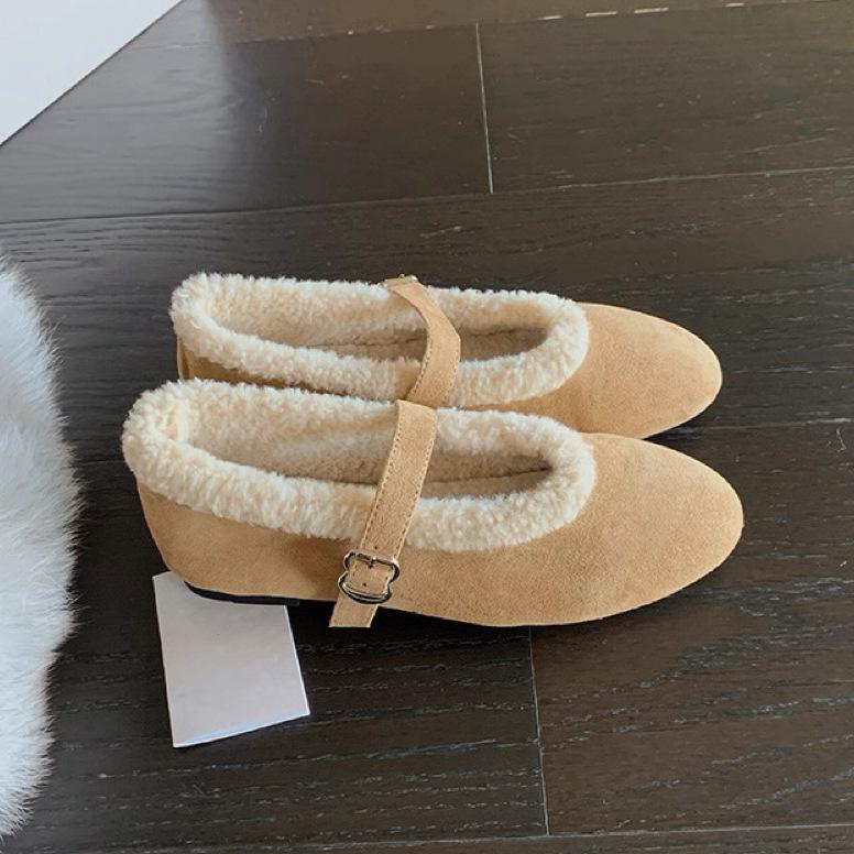 Wool grape ma warm round head one-word buckle with flat bottom versatile Mary Jane shoes women's plush plush single shoes