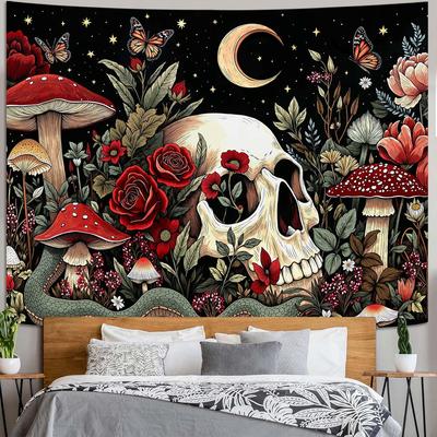 Mushroom Skull Tapestry Wall Hanging Gothic Skeleton Floral Snake Moon Stars Tapestries for Bedroom Aesthetic Wallpaper Decor