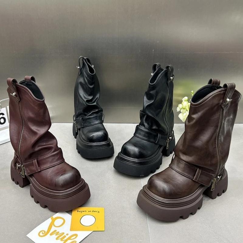 Dámské kotníkové boty v designovém vintage stylu, módní nazouvací jezdecké krátké boty, dámské ležérní platformové podpatky, boty pro ženy