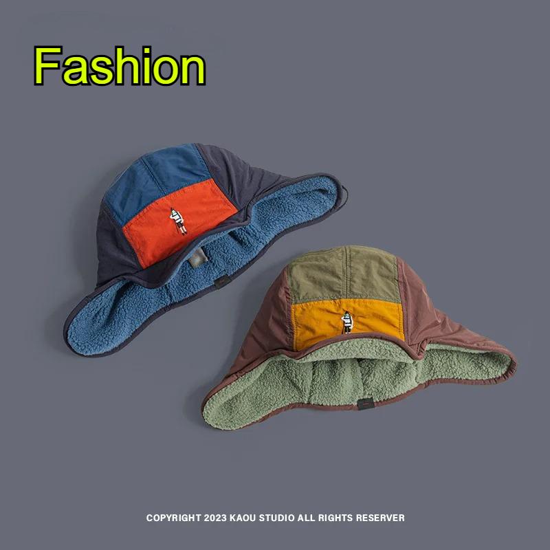 Japanese Style Retro 5-Panel Color Matching Cycling Cap Men Women Autumn Winter Fleece Warm Ear Protection Ski Pilot Bomber Hat