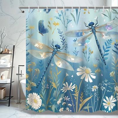 ~O~Dragonfly & Floral Shower Curtain-Durable Polyester,Artistic All-Season Design,Easy Install Hooks,Nature-Inspired Bathroom De