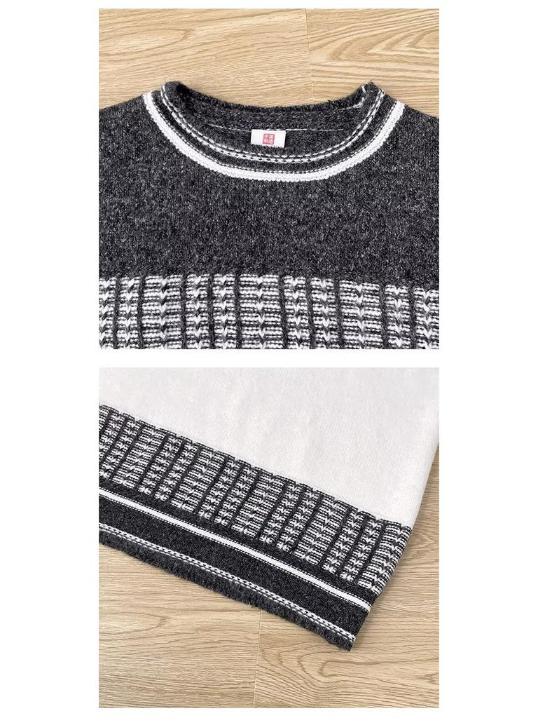 Winter Long Sleeve Color Block Loose Knit Sweater - Warm Round Neck Hollow Harajuku Top