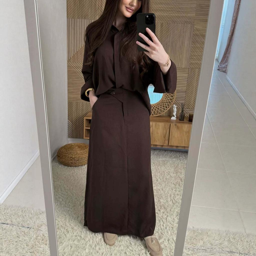 Spring and Autumn New European and American Women's Clothing Cross-border Long Sleeve Versatile Shirt Top Casual Skirt Two-piece Set