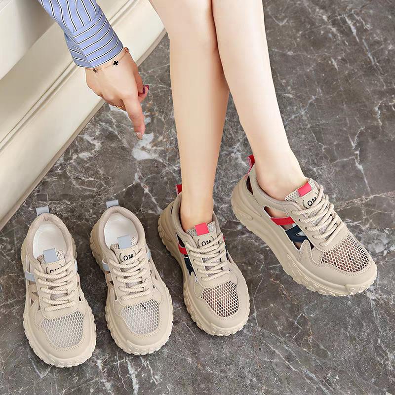 Hollow Muffin Shoes 2025 Summer Breathable Heightening Retro Sports Shoes Mesh Hong Kong Style Casual Dad Shoes Women's Foreign Trade
