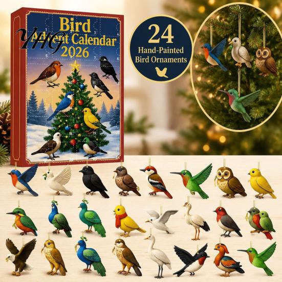 Holiday Gift for Bird Lovers 24 Day Advent Calendar with 2D Flat Acrylic Hanging Pendants, Christmas Countdown Calendar, Ornament Trees And Home Decor