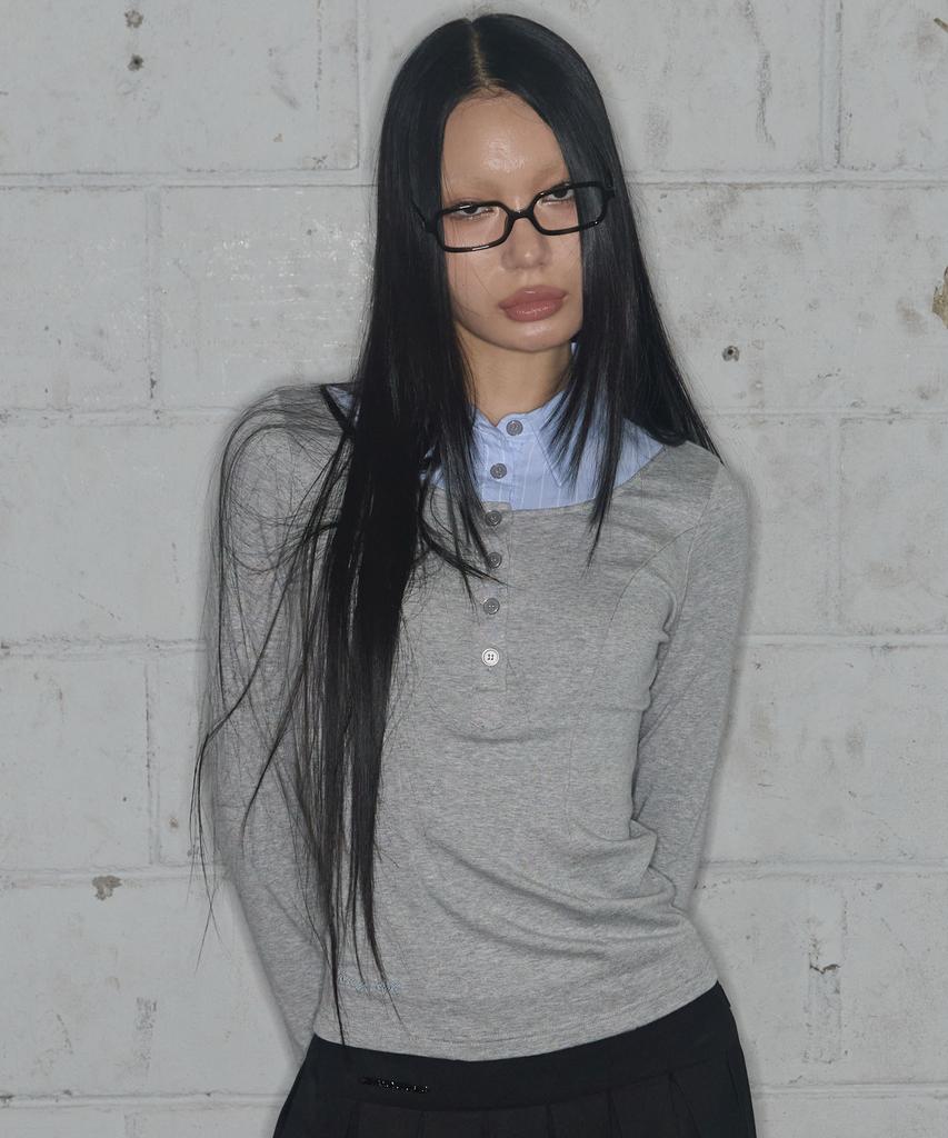 FANCY CLUB Layered Long Sleeve Shirt (Gray) F25Zb023