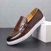 Mens Brown Crocodile Embossed Leather Monk Strap Loafers Slip On Casual Shoes With Double Buckles And White Sole For Daily Wear