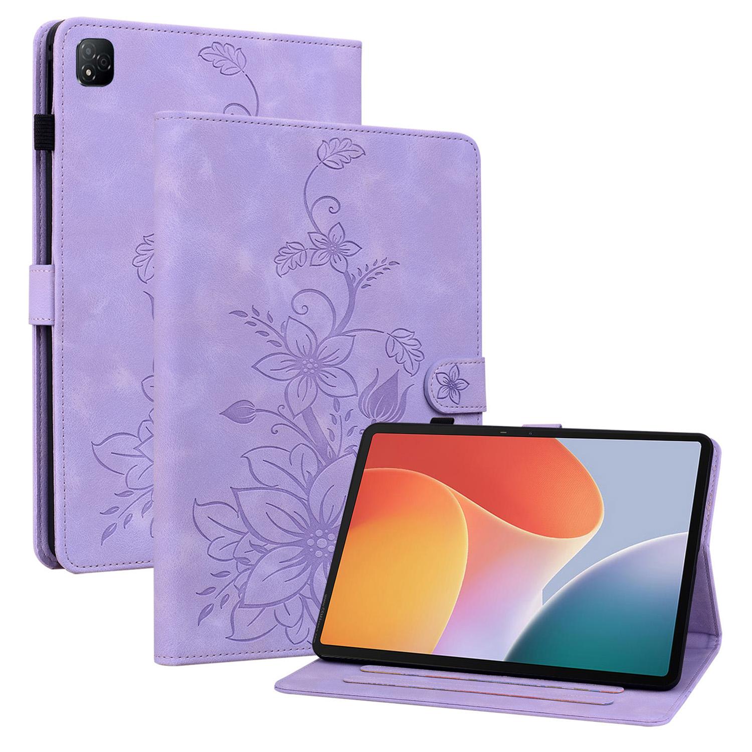 

For Infinix Xpad Case Lily Flower Imprint Card Slots Leather Tablet Cover Purple