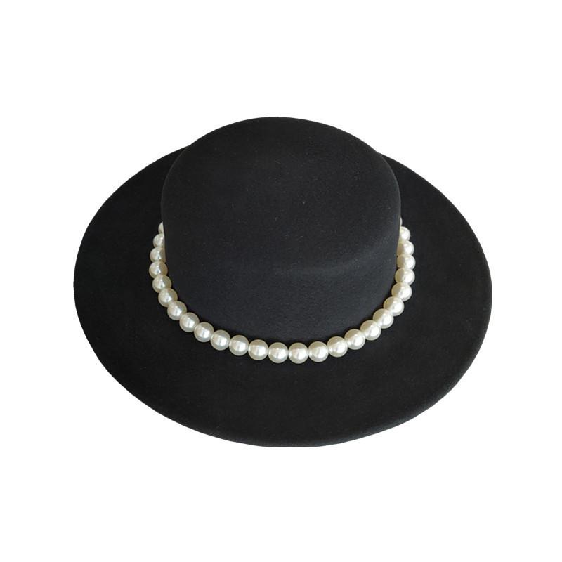 Retro New Pearl French Woolen Top Hat Big Brim Autumn and Winter Socialite Hepburn Black British Hat Flat Top