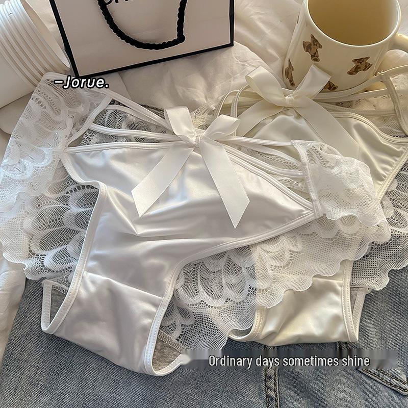 French Satin Lace Mid-Waist Sexy Bow Panties - Breathable Polylactic Acid