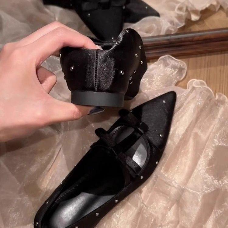 Vielseitige Mary Jane Damenschuhe mit flachem Ausschnitt im Feenstil mit Schleife, Herbst 2025, Höhe erhöhend, spitz, Strass, weiches Leder, dicker Absatz, Einzelne Schuhe