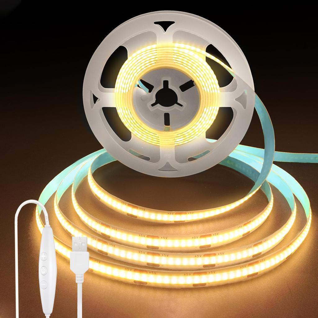 Clearhill 5V COB LED Strip Lights with Dimmer Switch, 3M Length, Warm White 3000K, 320 LEDsM, Powerful Light, 8mm Width, Non-Waterproof IP20, 1.5M