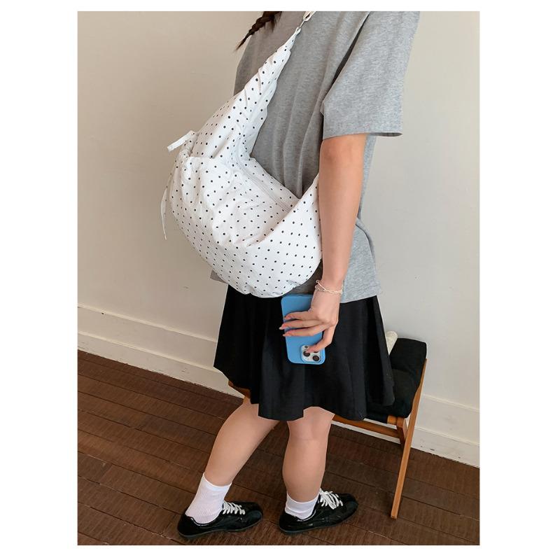 Cute Polka Dot Drawstring Crossbody Bag Korean Style Fashionable Shoulder Handbag Trendy Water Dumpling Bag for Women KTB