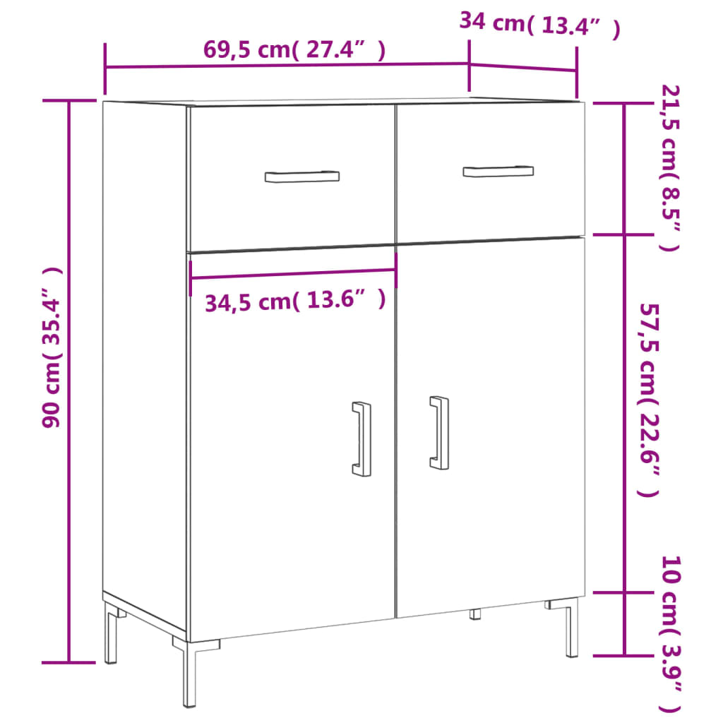 Sideboard High Gloss White 69.5 X 34 X 90 Cm Engineered Wood