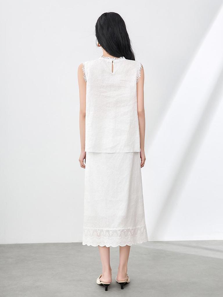 French Niche 100% Linen Lace T-Shirt Vest Top + Exquisite Midi Skirt Set