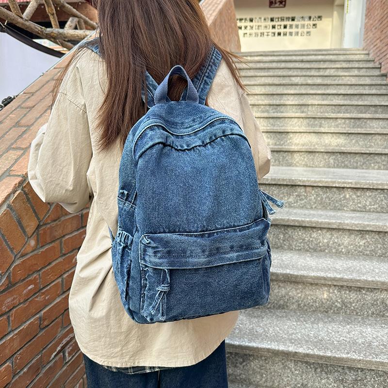 Zaino retrò in denim di grande capacità, borsa da scuola per studenti, zaino da donna