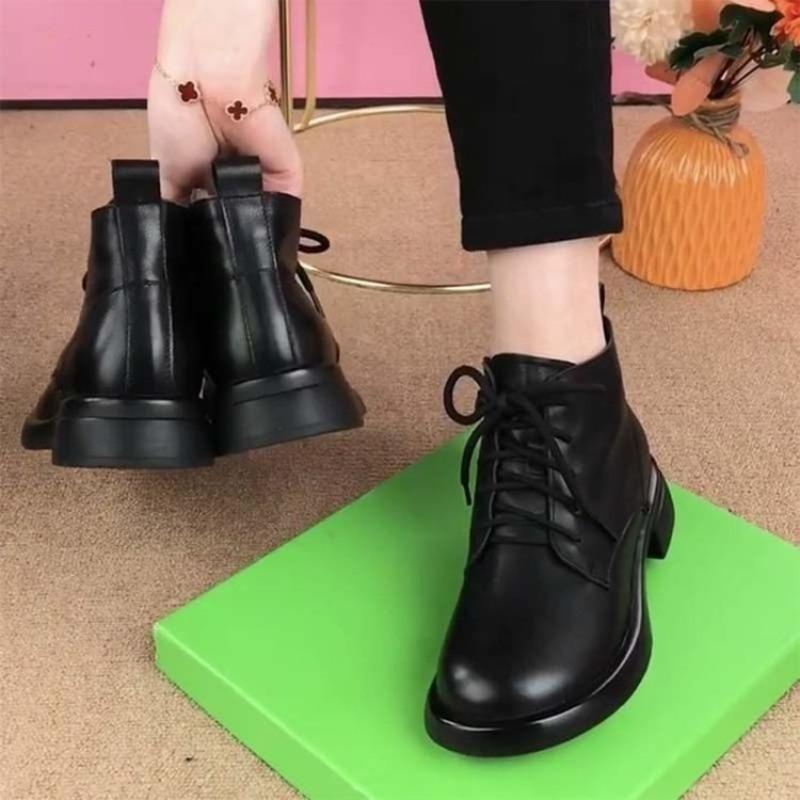 Round Head Soft Sole Martin Leather Boots Women's Cotton Boots Autumn and Winter New Velvet Warm Medium Flat Bottom Fashion Short Boots