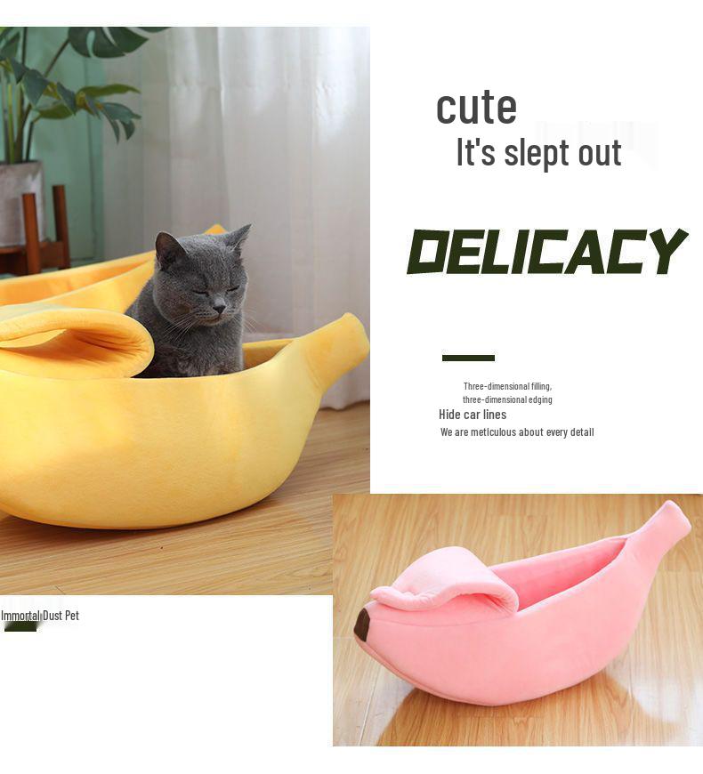 Banana-Shaped Easy-Clean Semi-Closed Pet Bed with Blanket for Cats and Dogs, All-Season