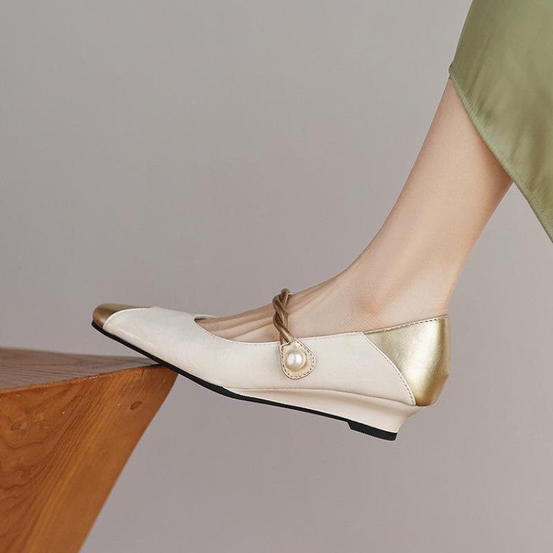 New Women's Fashion Single Shoes Women's Leather Shoes Foot Cover Casual Low Heel Solid Color Wedge Heel Shoes Four Seasons Wear Women's Shoes Rou