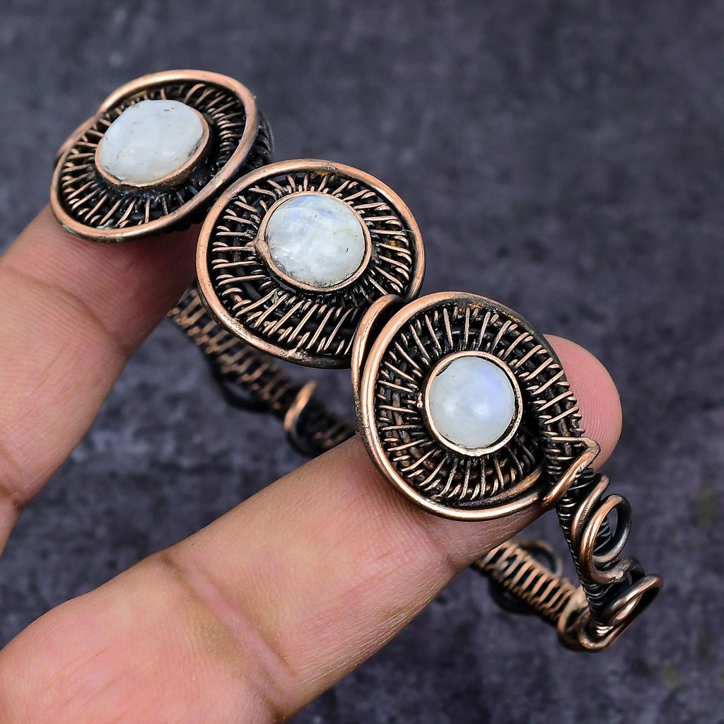 Natural Moonstone Gemstone Handmade Copper Wire Wrap Cuff Bangle Adjustable ET-4662